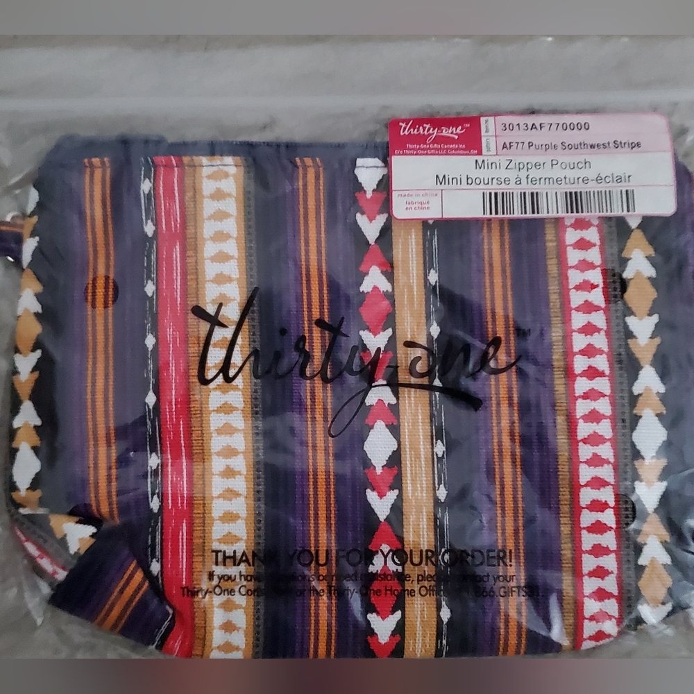 Thirty-One Mini Zipper Pouch Purple Southwest Stripe New.